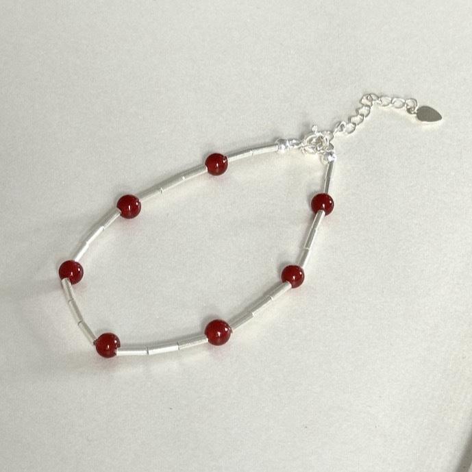 S925 Silver Red Agate and Tube Bead Bracelet