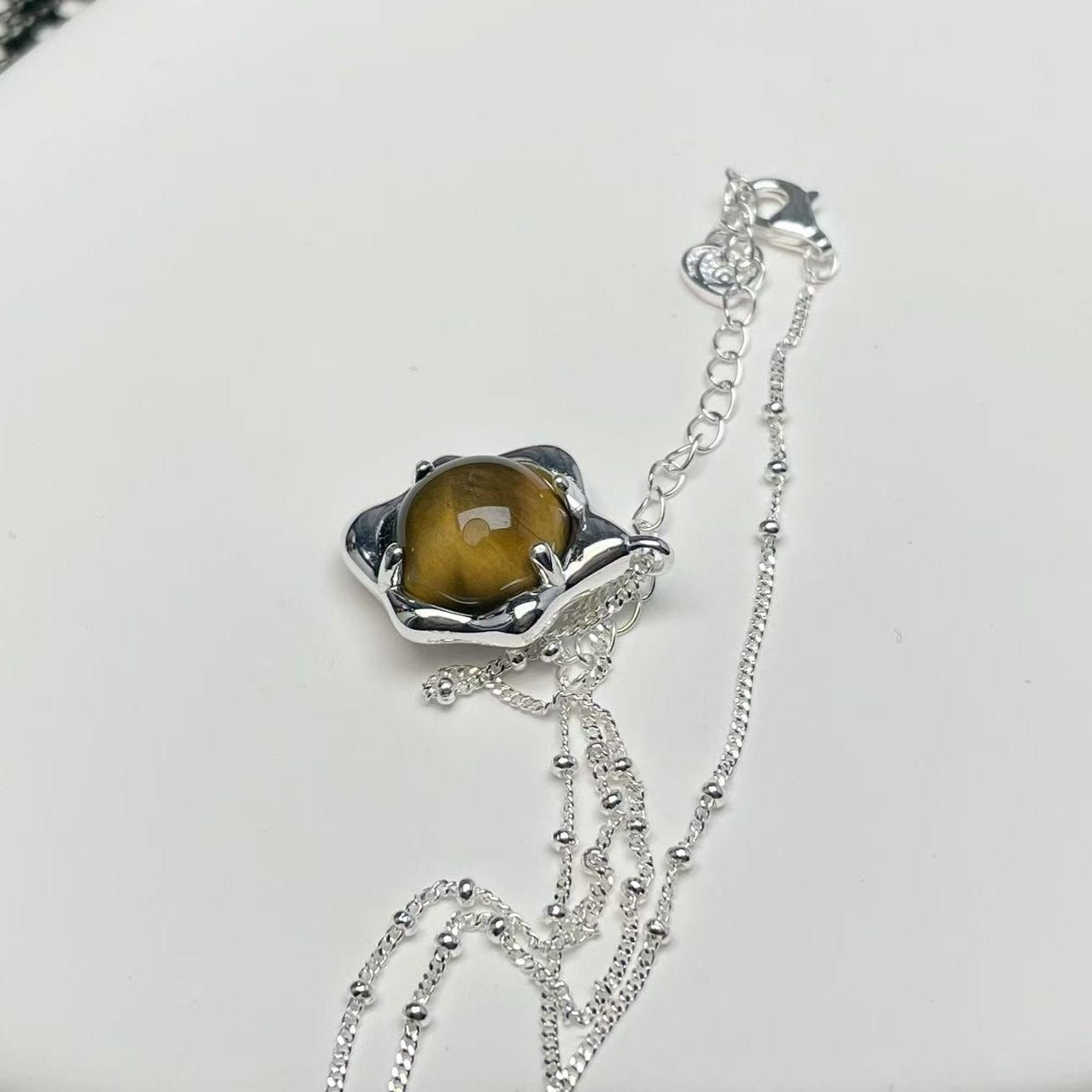 Hexagonal Silver Pendant with Tiger Eye Stone Necklace