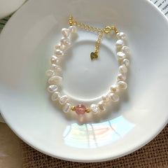 S925 Sterling Silver Freshwater Pearl & Strawberry Quartz Bracelet
