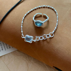 S925 Silver Vintage Frosted Aquamarine Bracelet & Ring Set