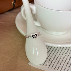 S925 Silver Black Enamel Bow & Heart Lace Ring
