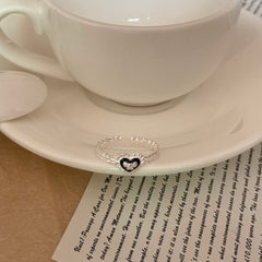 S925 Silver Black Enamel Bow & Heart Lace Ring