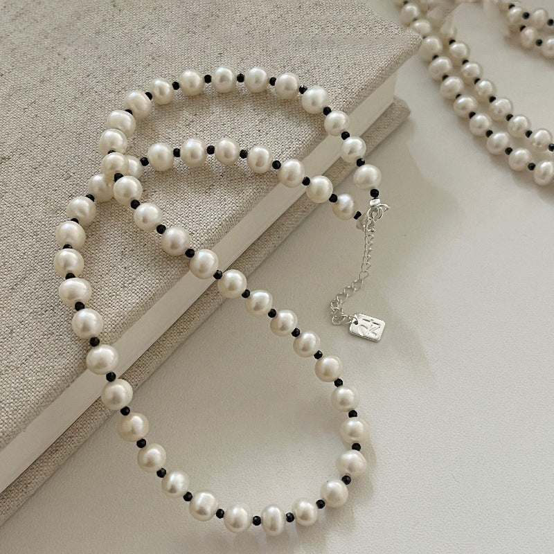 S925 Sterling Silver Natural Pearl and Black Onyx Layered Necklace