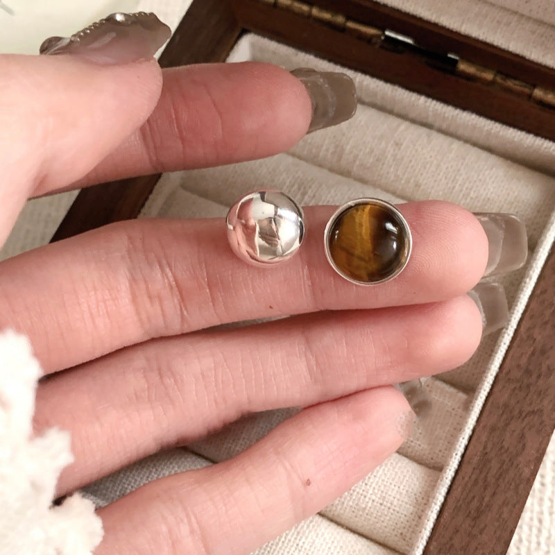 Asymmetric Dual-Tone Tiger Eye Stud Earrings