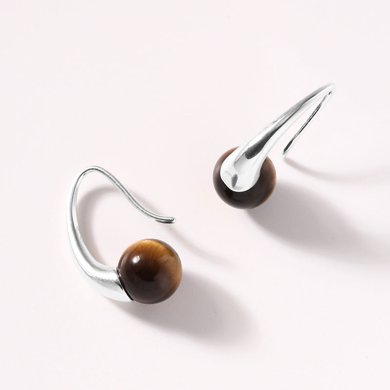 Curved Elegance - Natural Tiger Eye Hook Silver Earrings