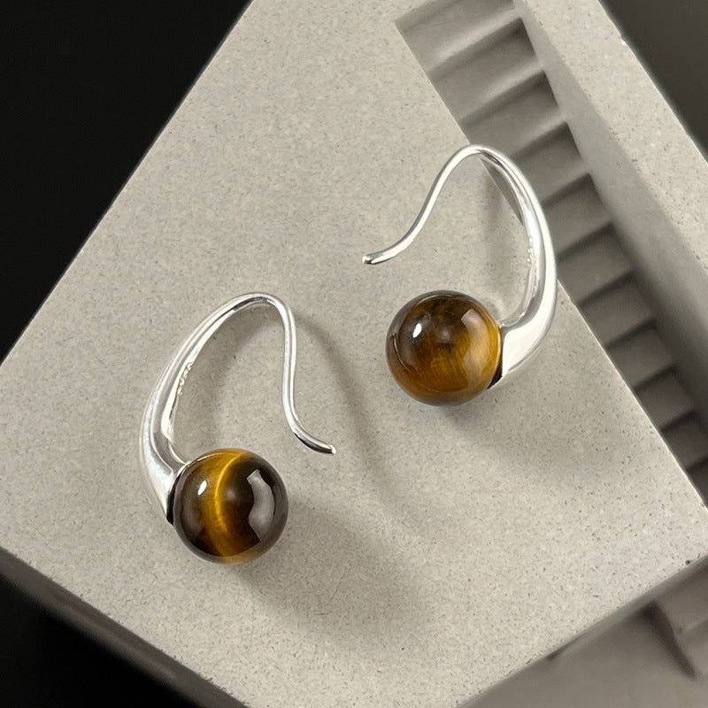 Curved Elegance - Natural Tiger Eye Hook Silver Earrings