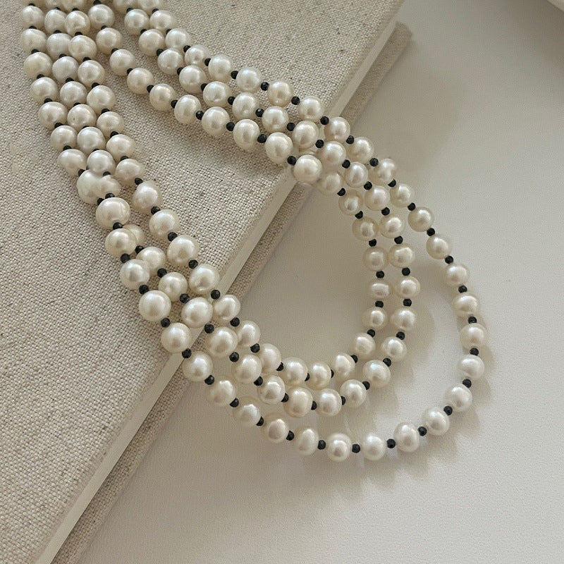 S925 Sterling Silver Natural Pearl and Black Onyx Layered Necklace