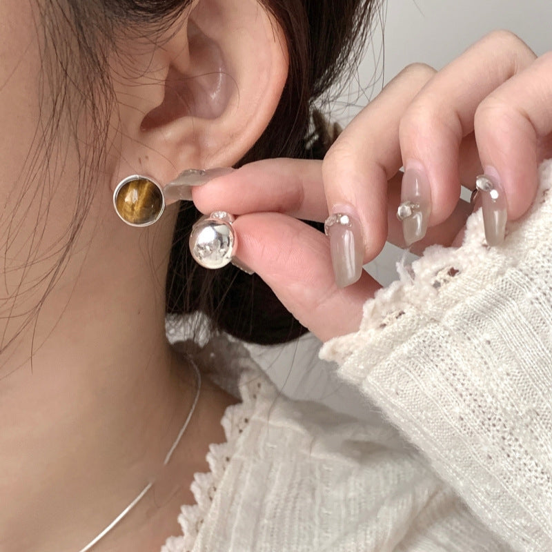 Asymmetric Dual-Tone Tiger Eye Stud Earrings