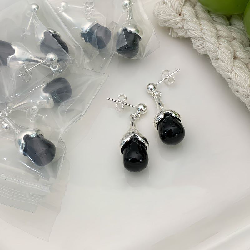 S925 Silver Mini Eggplant Black Onyx Drop Earrings