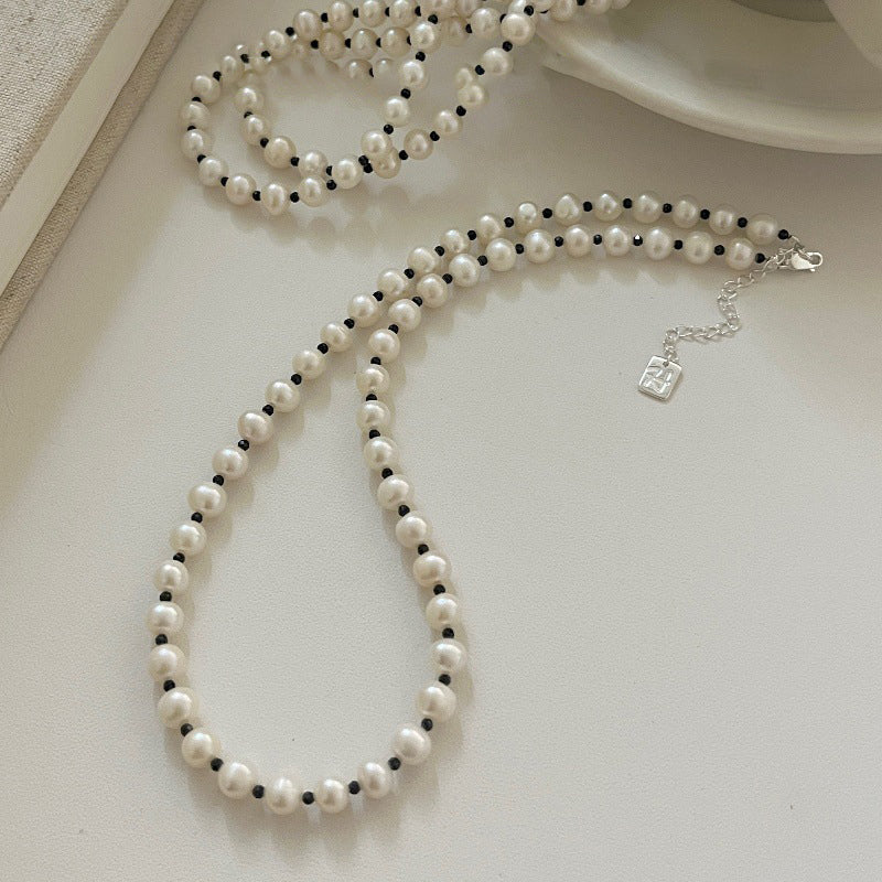 S925 Sterling Silver Natural Pearl and Black Onyx Layered Necklace