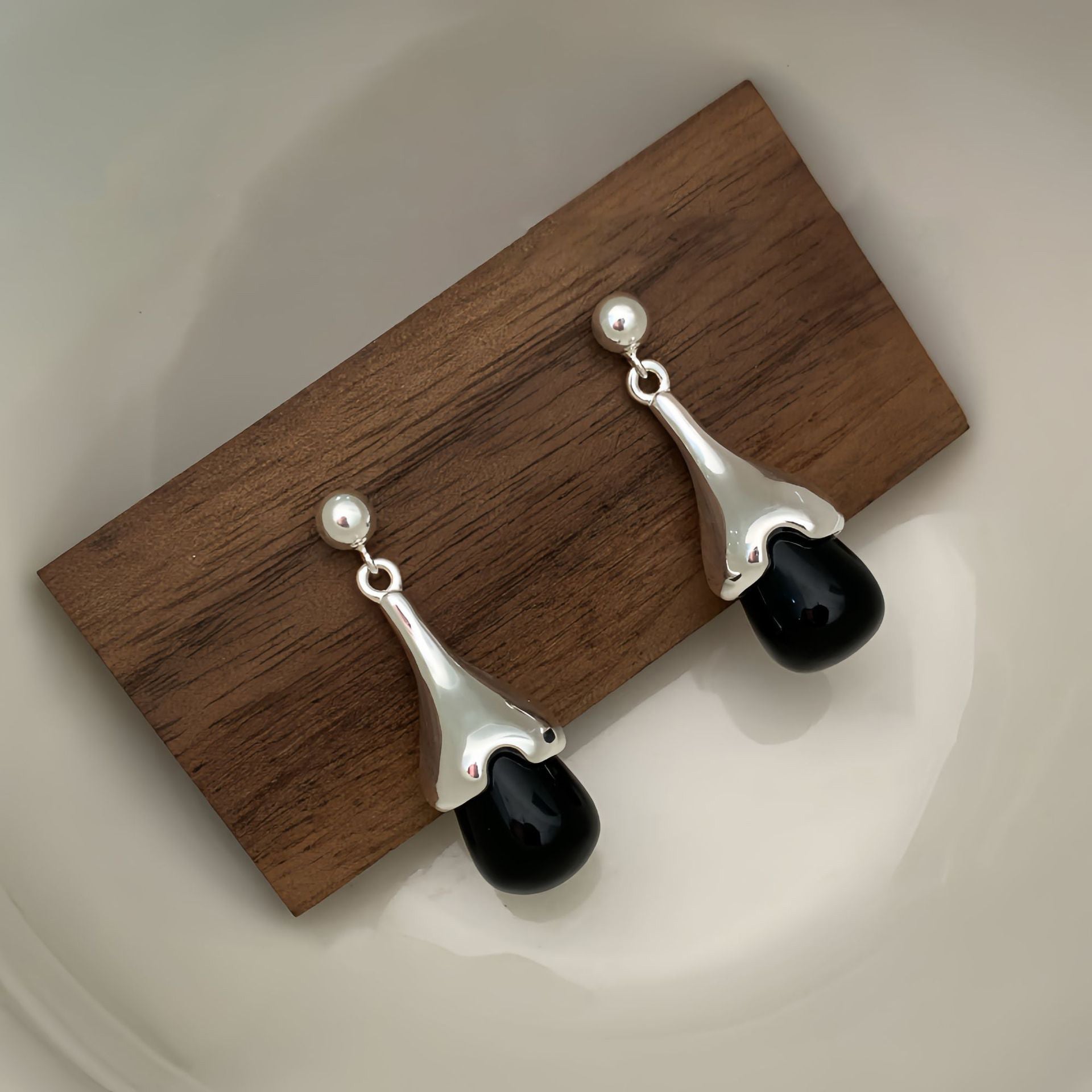 S925 Silver Mini Eggplant Black Onyx Drop Earrings