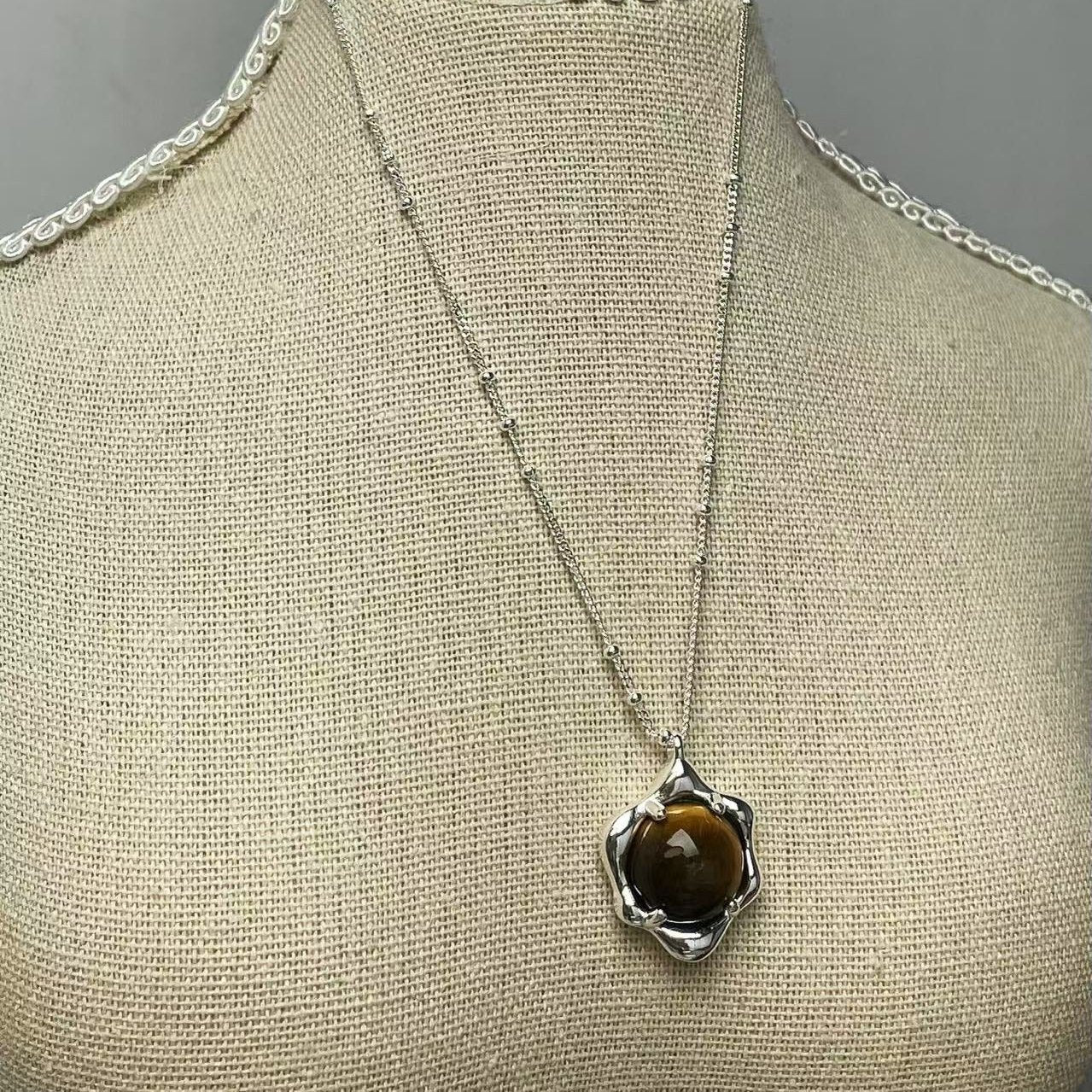 Hexagonal Silver Pendant with Tiger Eye Stone Necklace