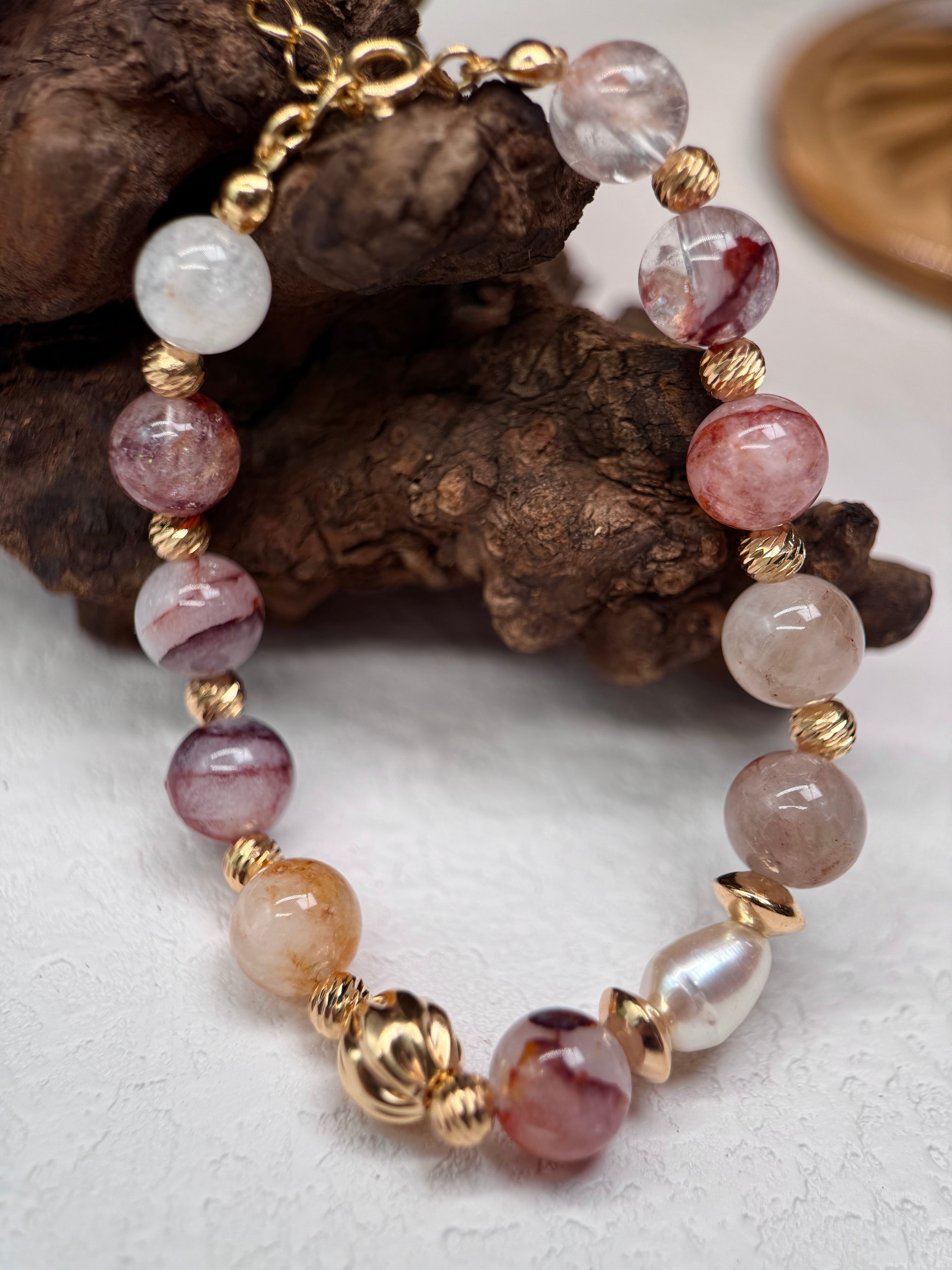 Twisted S925 Silver Bracelet with Red Floral Resin Beads & Natural Pearls