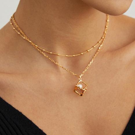 S925 Silver Gold-Plated Hollow Cube Pearl Necklace