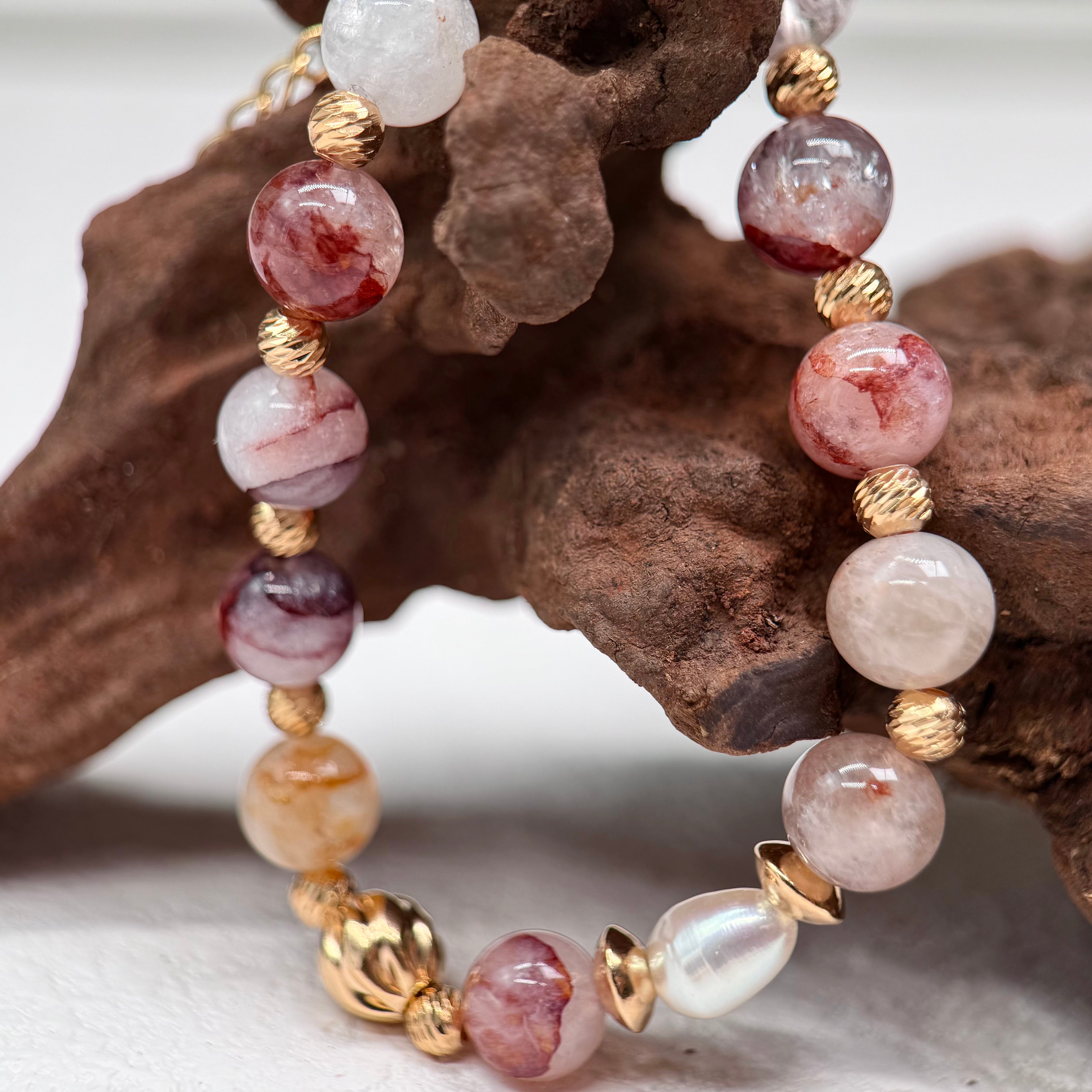 Twisted S925 Silver Bracelet with Red Floral Resin Beads & Natural Pearls