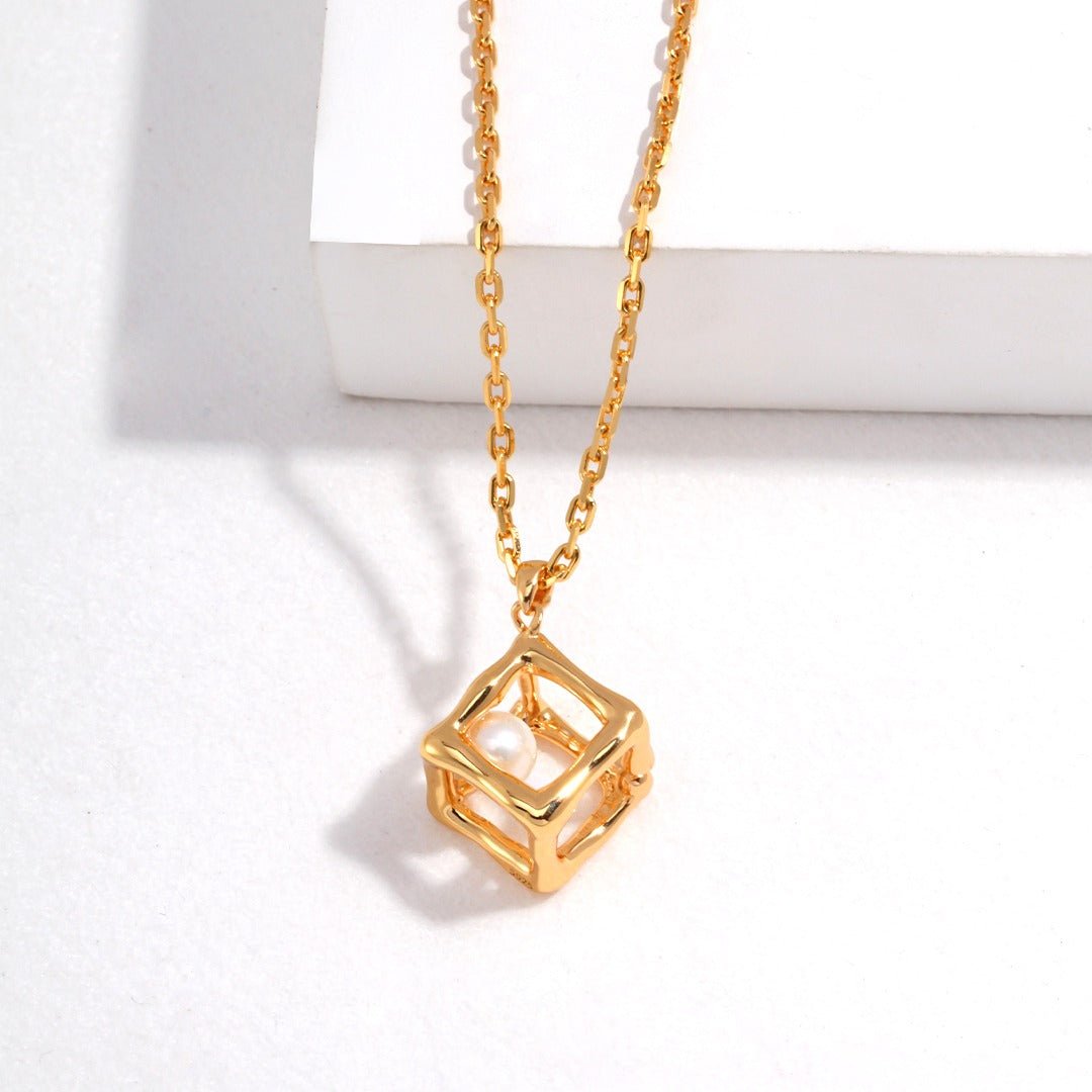 S925 Silver Gold-Plated Hollow Cube Pearl Necklace