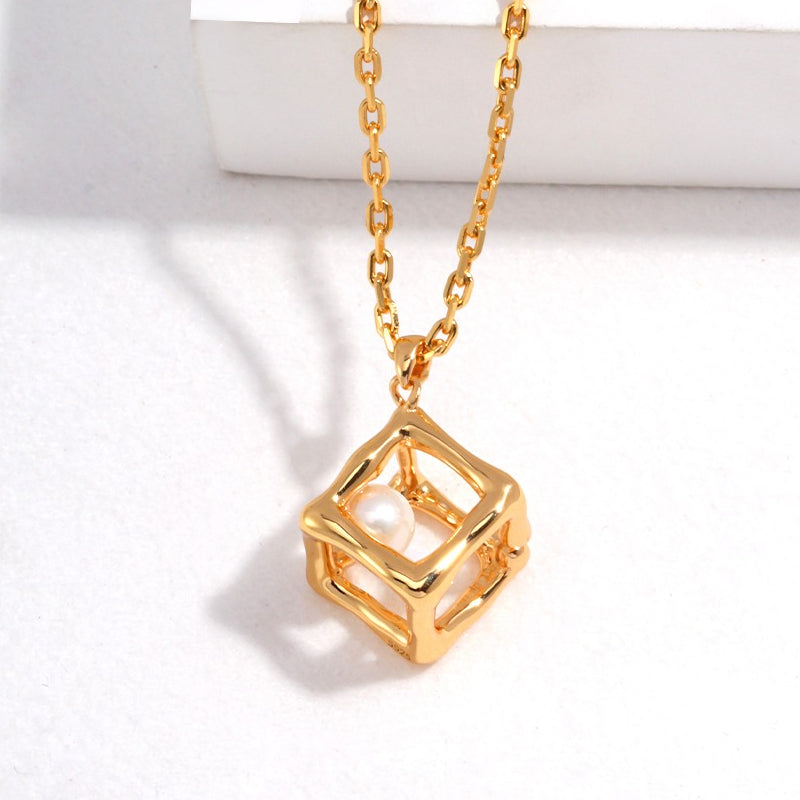 S925 Silver Gold-Plated Hollow Cube Pearl Necklace