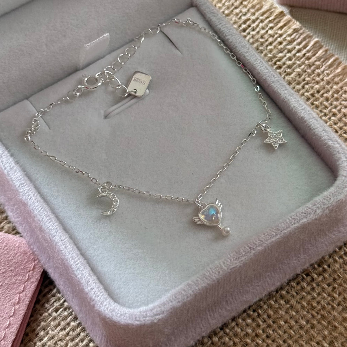 S925 Sterling Silver Heart, Key, Moon & Star Charm Bracelet