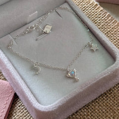 S925 Sterling Silver Heart, Key, Moon & Star Charm Bracelet