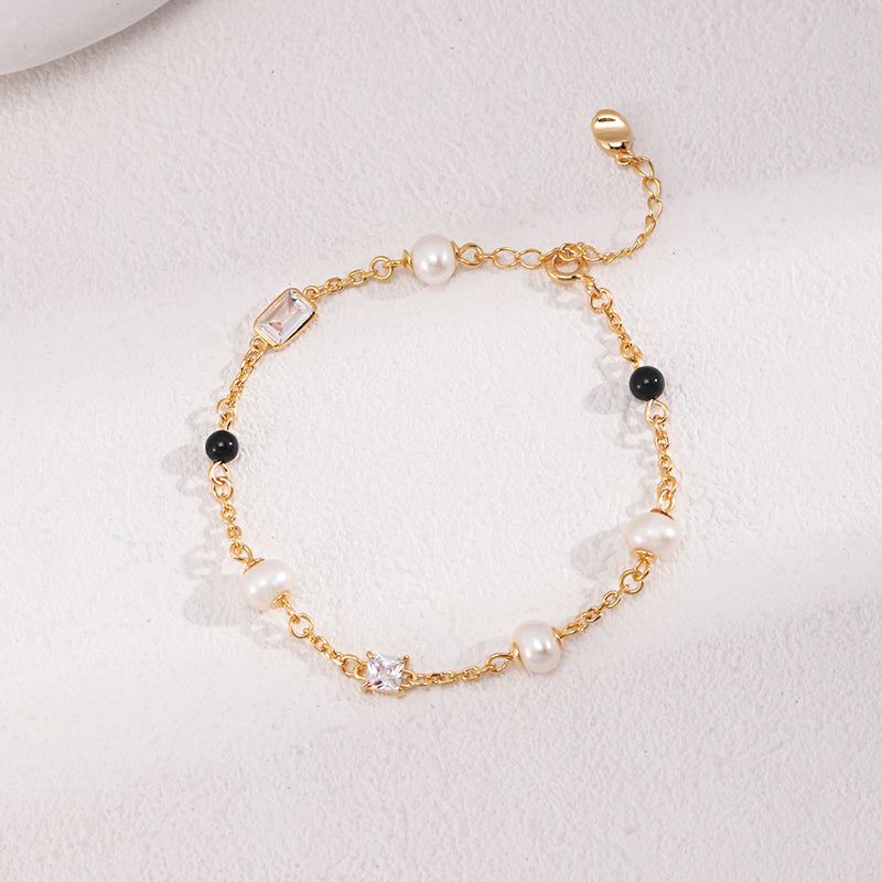 S925 Silver Gold-Plated Vintage Pearl & Zircon Onyx Bracelet