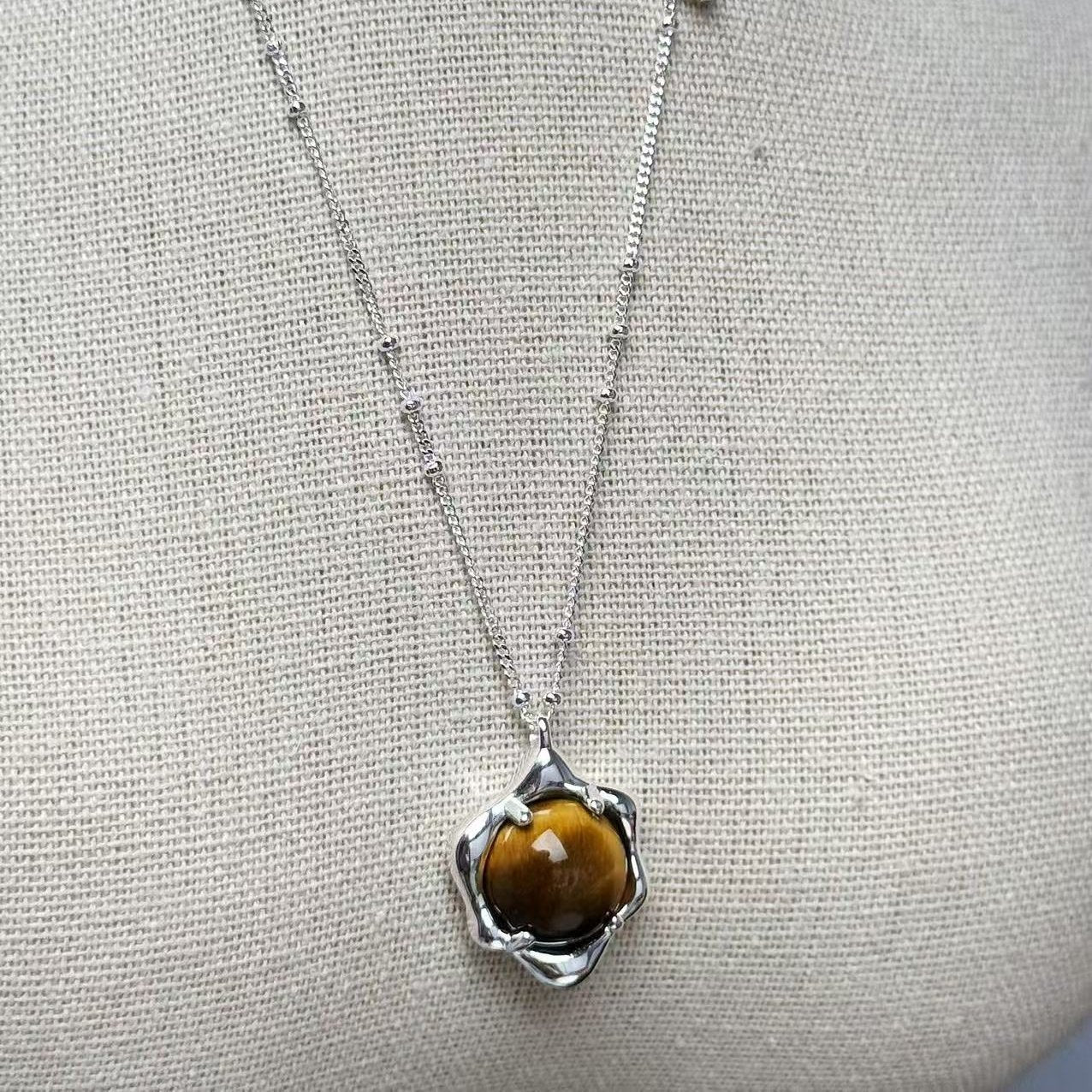 Hexagonal Silver Pendant with Tiger Eye Stone Necklace