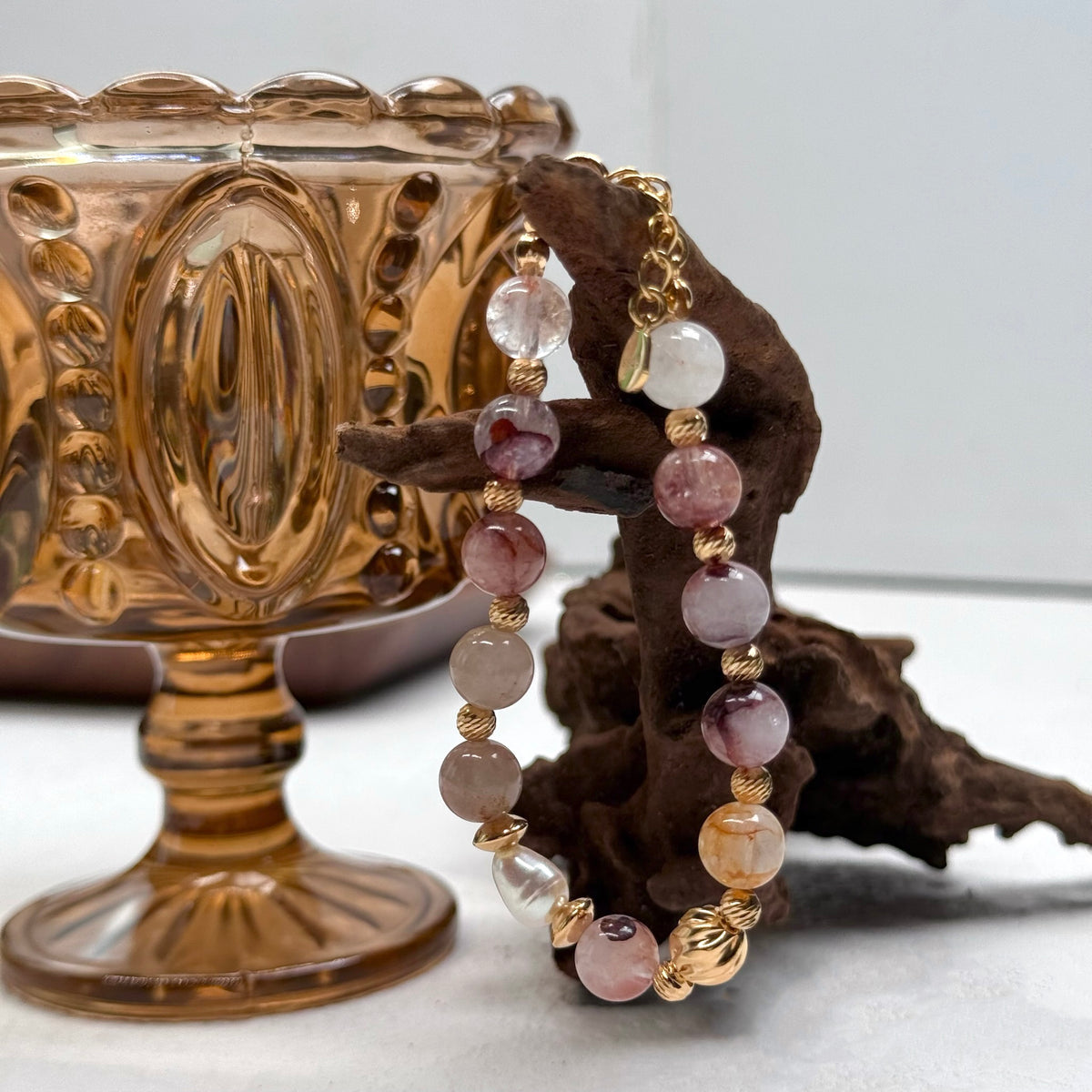 Twisted S925 Silver Bracelet with Red Floral Resin Beads & Natural Pearls
