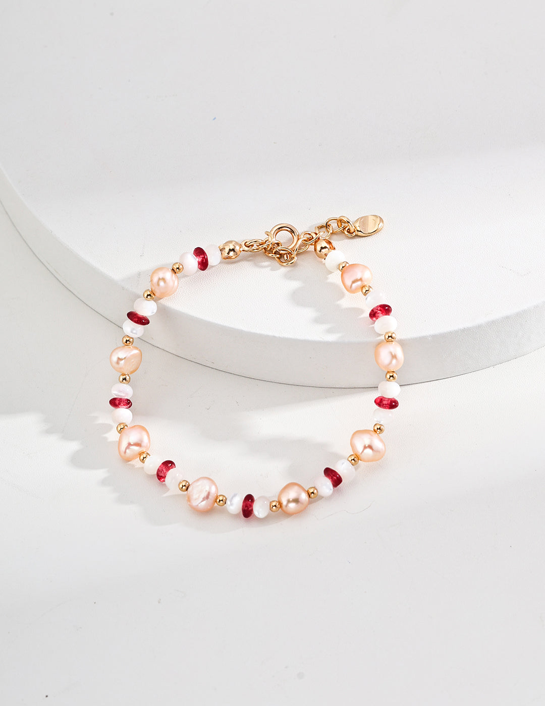 S925 Silver Natural Pearl, Mother-of-Pearl, and Ruby Bracelet