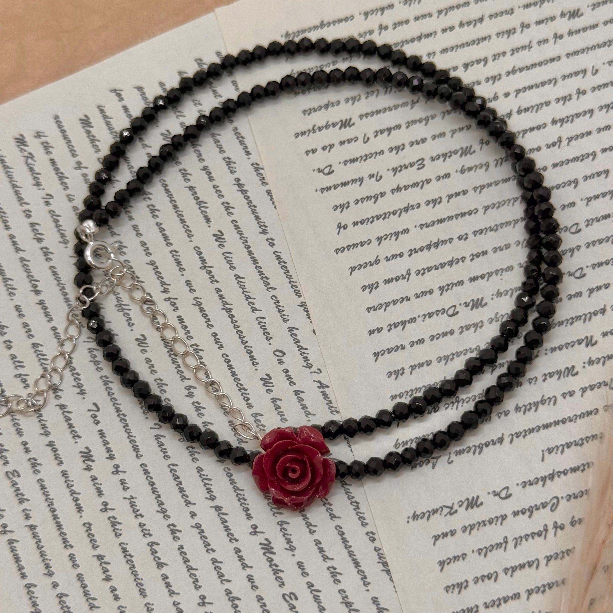 S925 Silver Cinnabar Red Rose Necklace