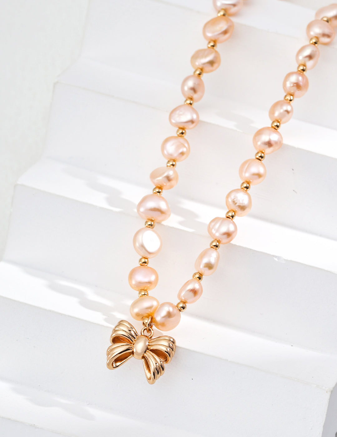 S925 Silver Rose Gold Natural Pearl Bow Necklace