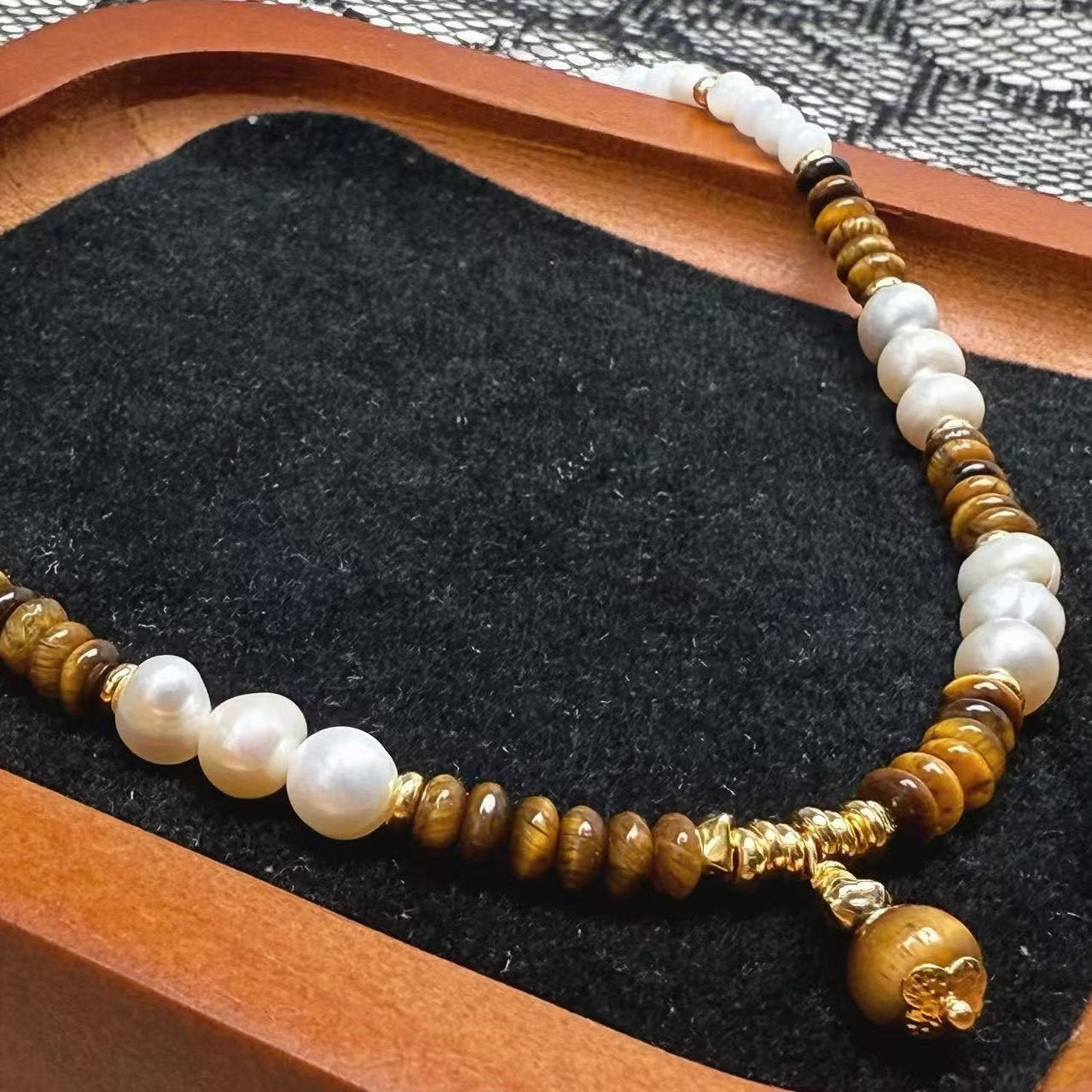 Tiger Eye Stone, Natural Pearl, and Mother-of-Pearl Necklace