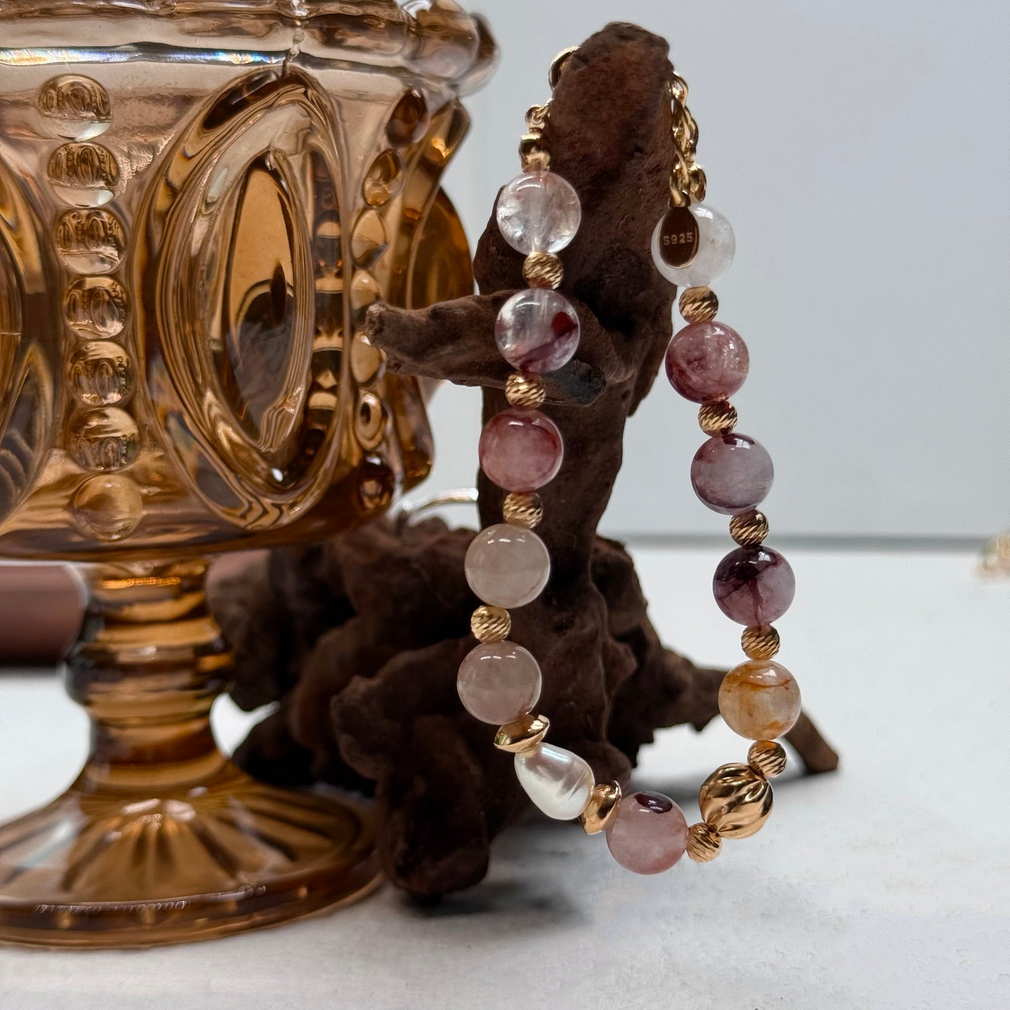 Twisted S925 Silver Bracelet with Red Floral Resin Beads & Natural Pearls