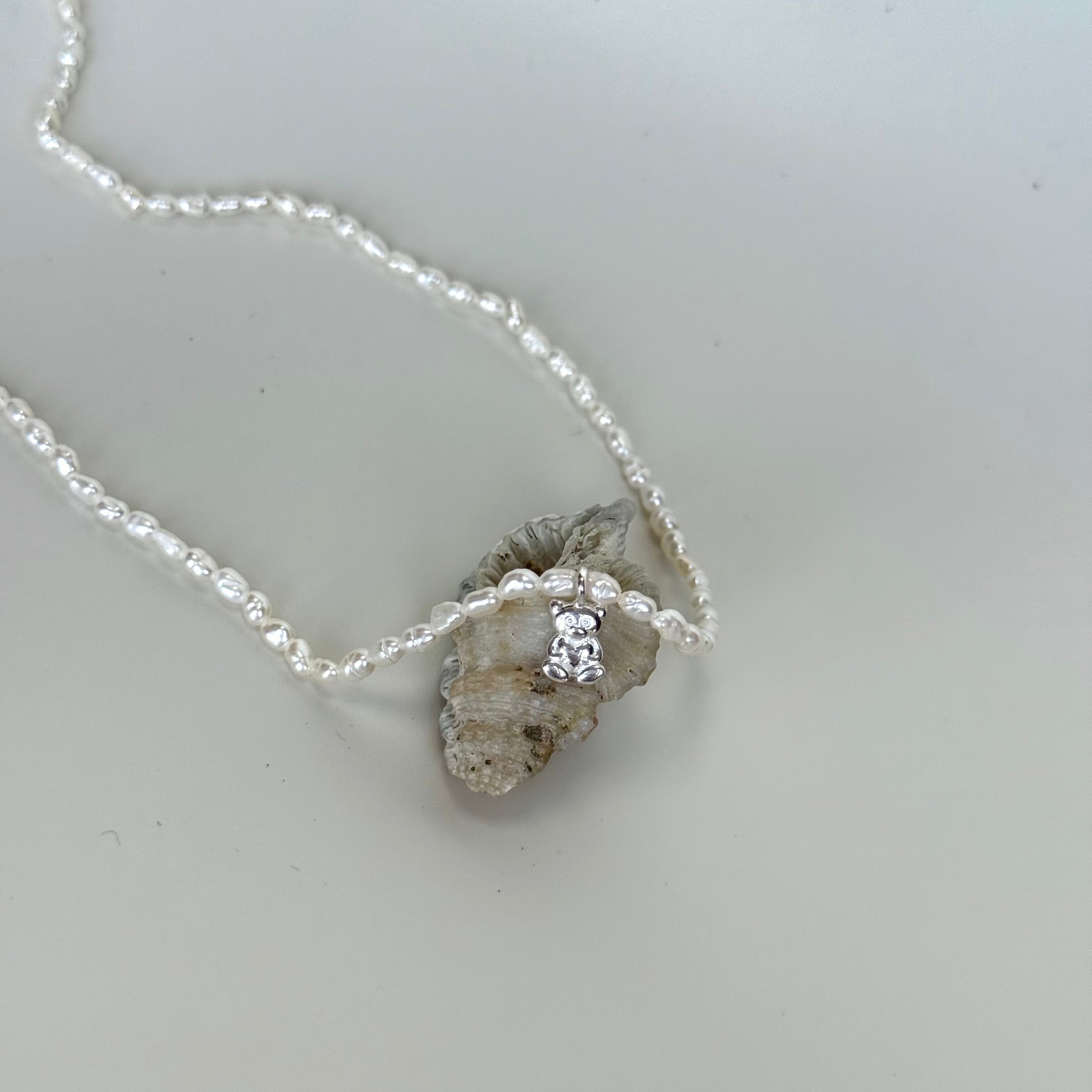 Teddy Bear Pendant Necklace with Natural Pearl in S925 Silver