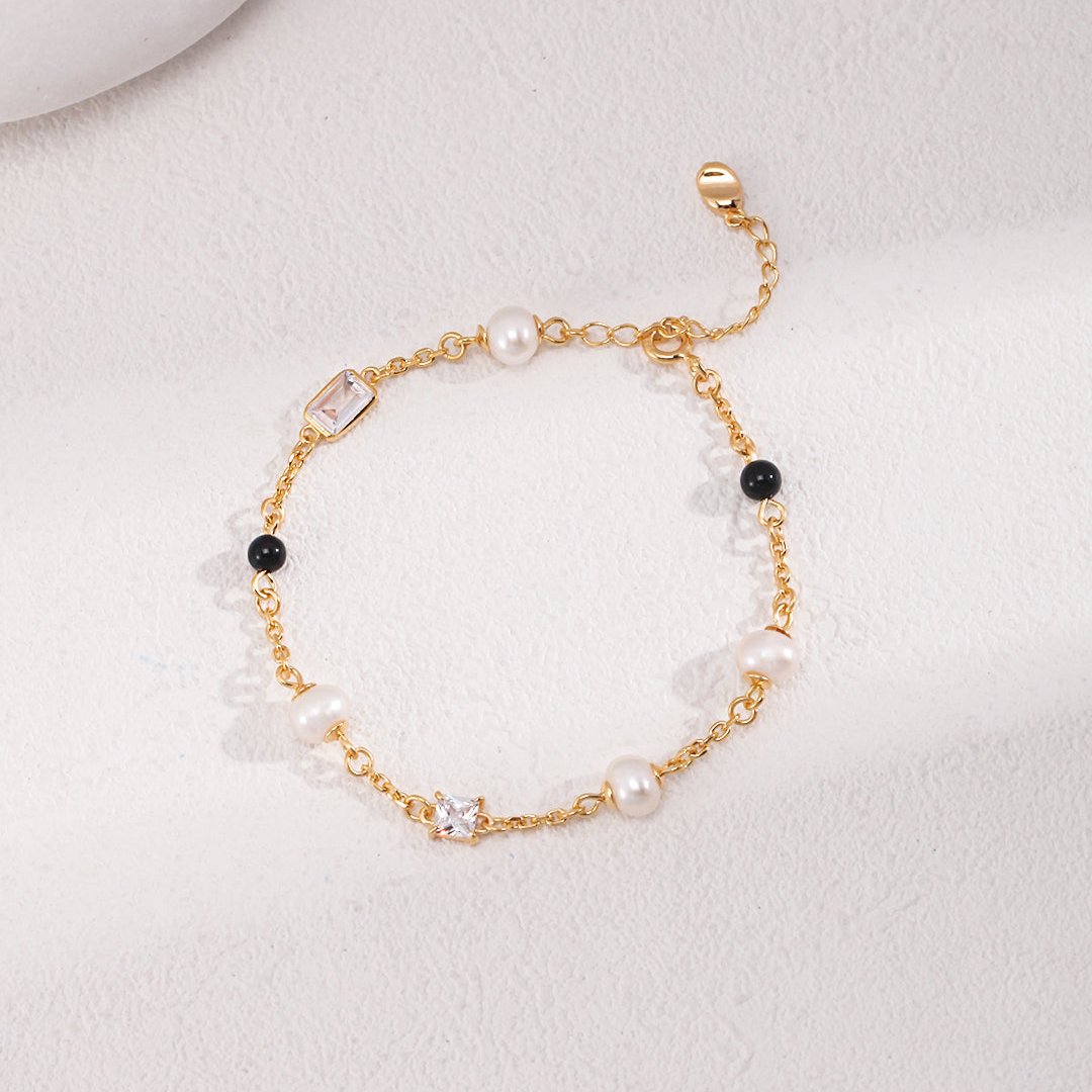 S925 Silver Gold-Plated Vintage Pearl & Zircon Onyx Bracelet